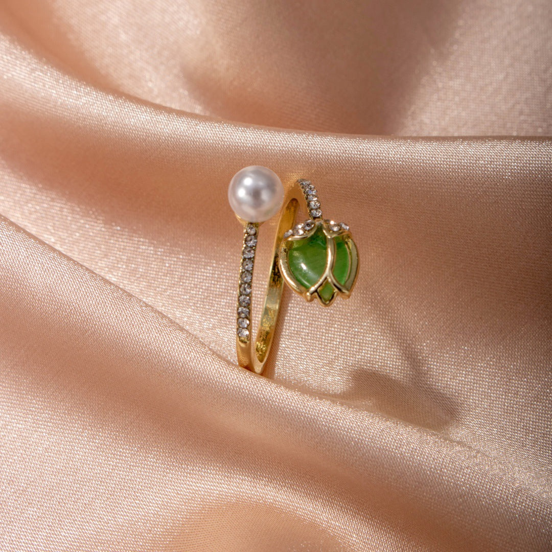 Tulip Bud Pearl Ring For Women, Fashion Niche Design Index Ring, Korean & Japanese Trendy Finger Jewelry
