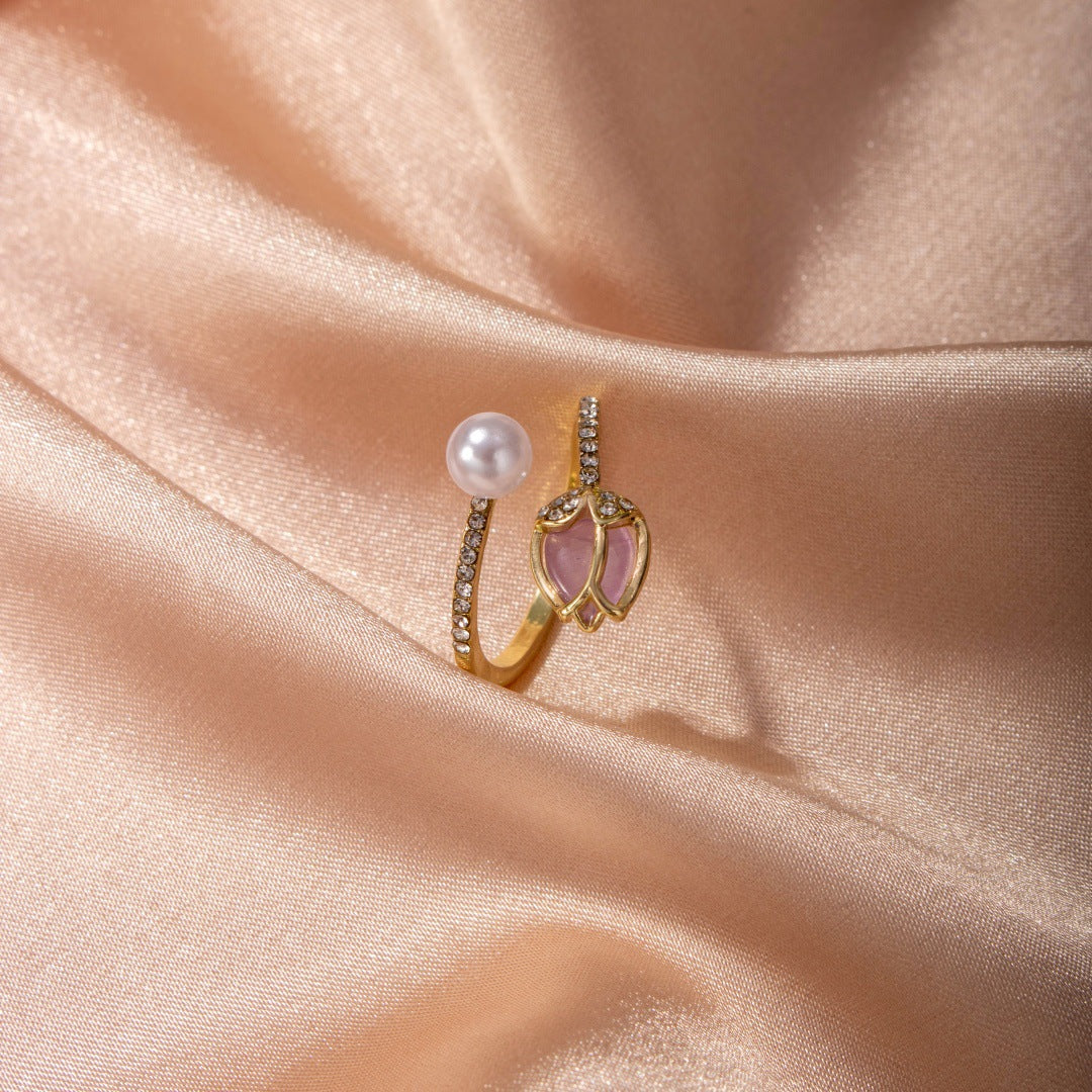 Tulip Bud Pearl Ring For Women, Fashion Niche Design Index Ring, Korean & Japanese Trendy Finger Jewelry