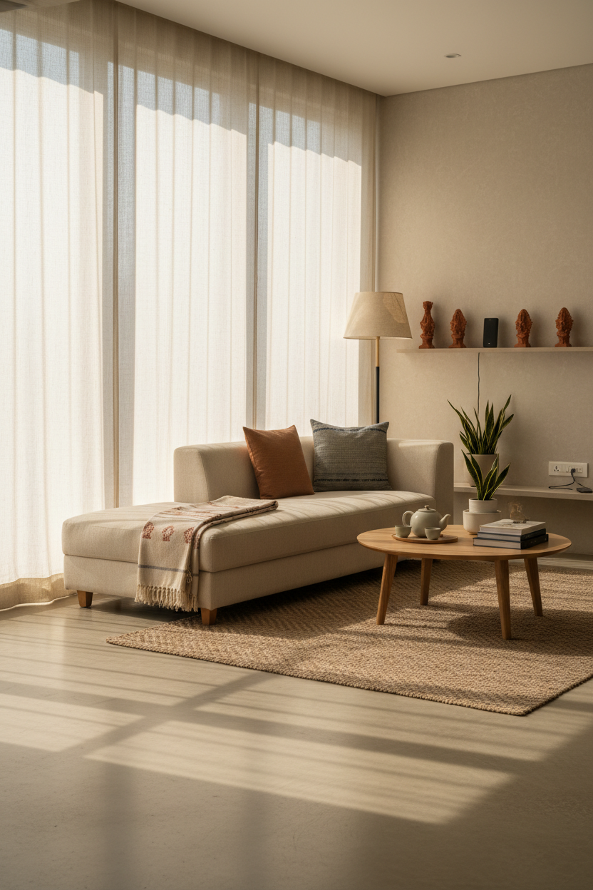 Aesthetic lifestyle scene representing smart and simple everyday living.
Modern Indian home setting, minimal decor, soft sunlight through window.
Objects arranged neatly to suggest organization, ease, and comfort.
Luxury yet affordable lifestyle feel, clean composition, soft shadows.
Editorial photography style, premium, minimal, timeless, 4:5 ratio.
