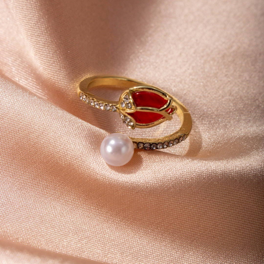 Tulip Bud Pearl Ring For Women, Fashion Niche Design Index Ring, Korean & Japanese Trendy Finger Jewelry