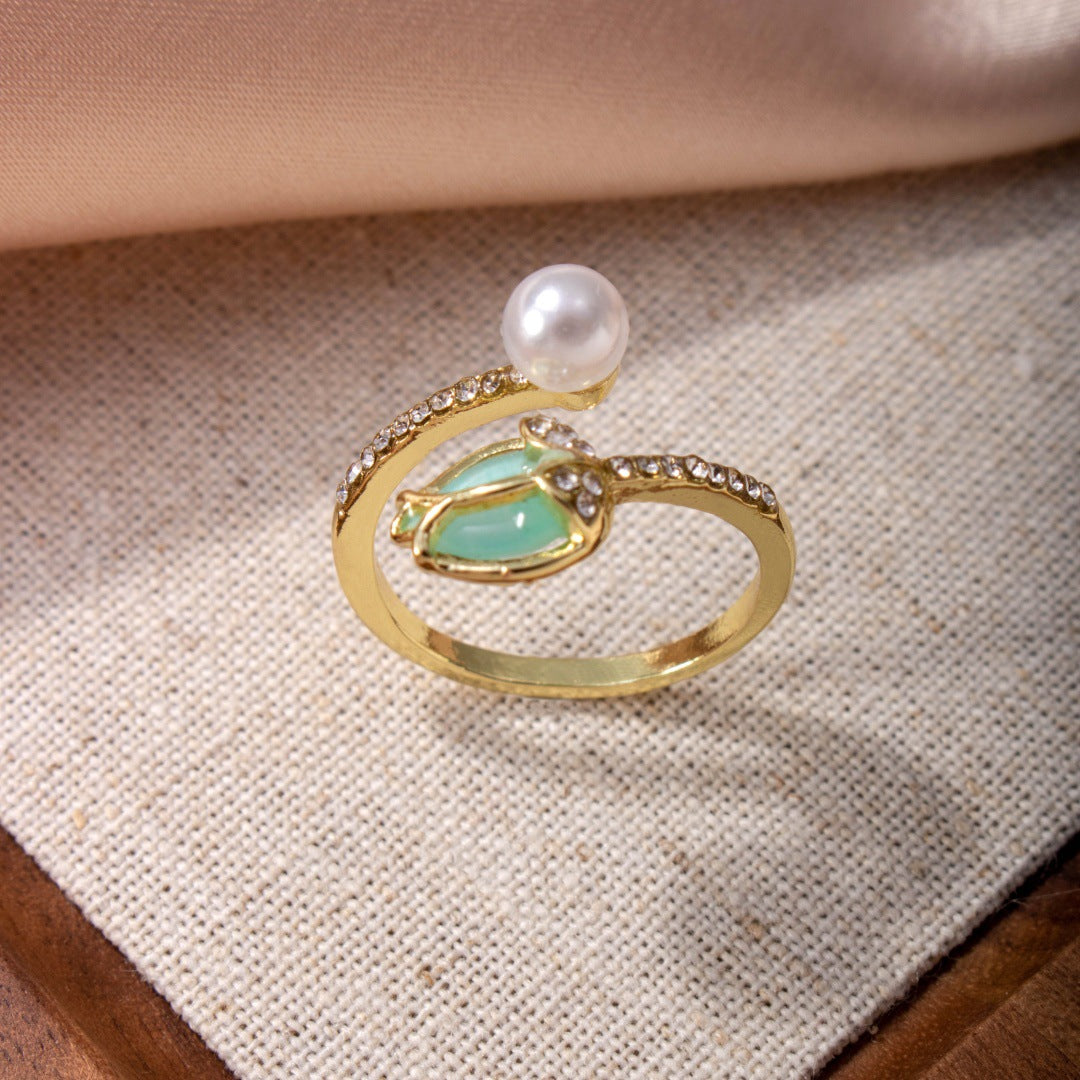 Tulip Bud Pearl Ring For Women, Fashion Niche Design Index Ring, Korean & Japanese Trendy Finger Jewelry